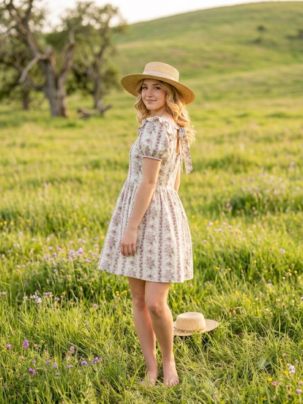 Listicle Dress with Pink Floral Stripe and Puff Sleeves BNWT